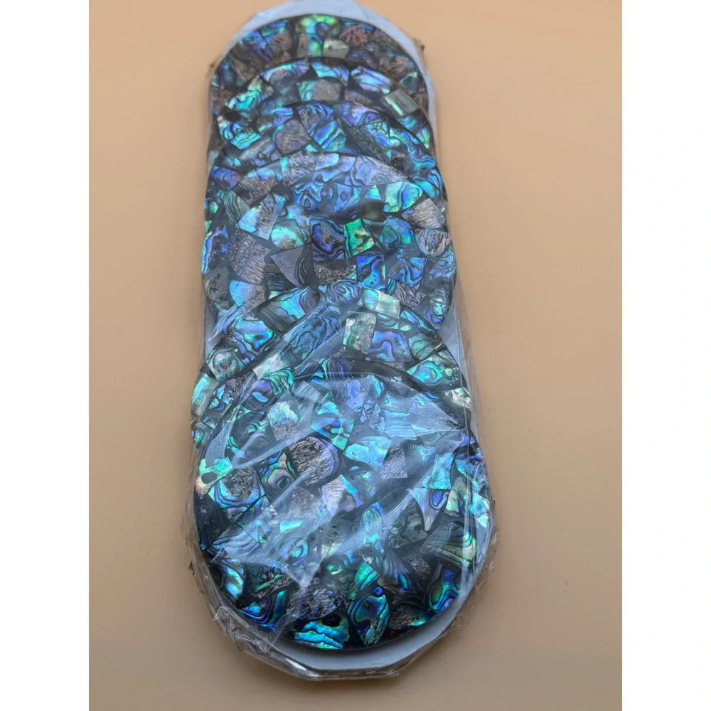 Vintage Abalone Shell Mosaic Coasters Set of 6 Iridescent Paua Cork Back 3.5
